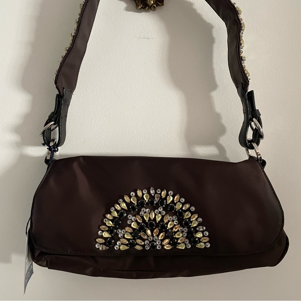 Tosca Blu brown rhinestone shoulder bag with zippered pockets